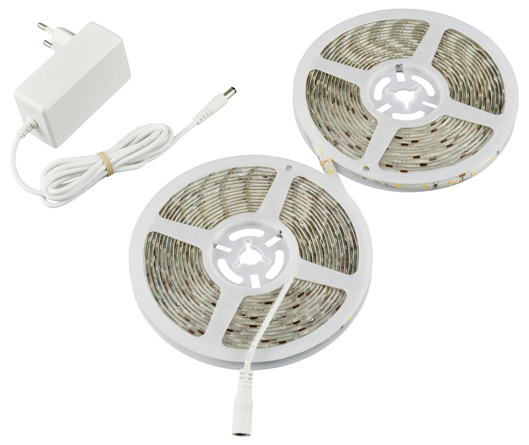 Zwei Rollen LED-Lichtstreifen mit einem weißen Netzadapter. Die Streifen sind auf Kunststoffrollen gewickelt und bereit zum Einsatz.