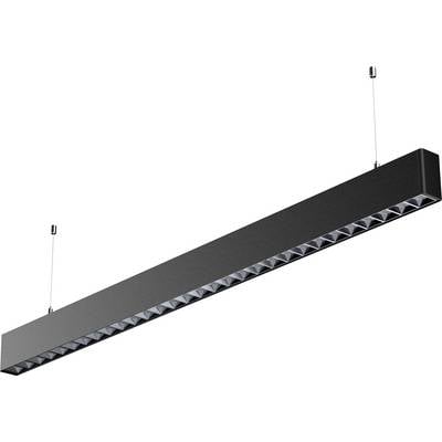 Schwarze, längliche LED-Hängeleuchte mit Gitterdesign, aufgehängt an zwei dünnen Kabeln. Geeignet für moderne Innenräume.