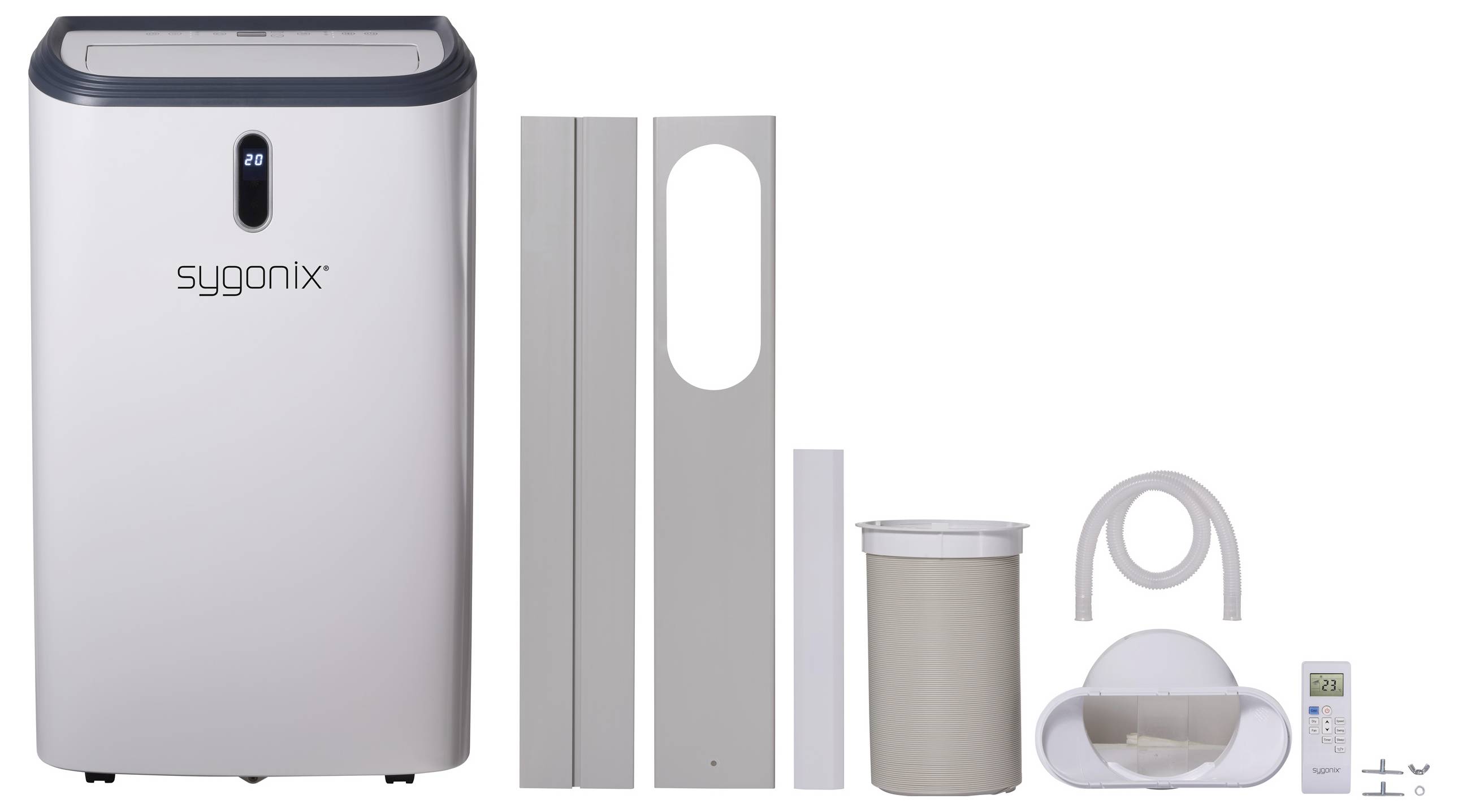 Luftentfeuchter mit Zubehör: Hauptgerät, Fensterdichtung, Ablaufschlauch und Fernbedienung. Weißes Design, kompakte Bauweise.