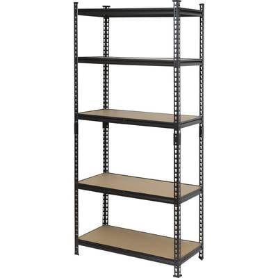 Ein leeres, schwarz-braunes Metallregal mit fünf stabilen Ebenen, geeignet zur Lagerung in Büro- oder Lagerräumen.