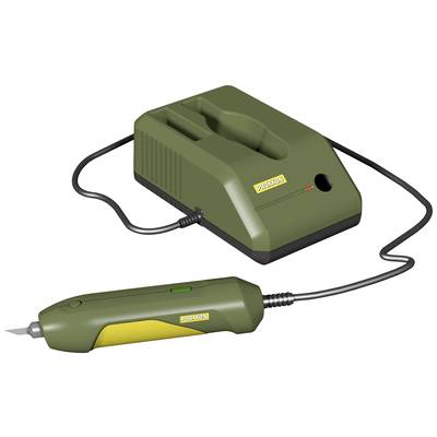 Abgebildet ist ein grüner elektrischer Bastelhobel mit Kabel und Ladegerät, geeignet für präzises Schneiden und Formen von Materialien.