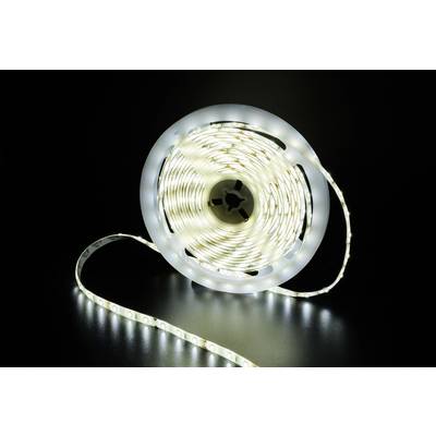 Eine Rolle LED-Lichtstreifen, teilweise abgewickelt, leuchtet auf schwarzem Hintergrund. Die LEDs strahlen ein kaltes, weißes Licht aus.
