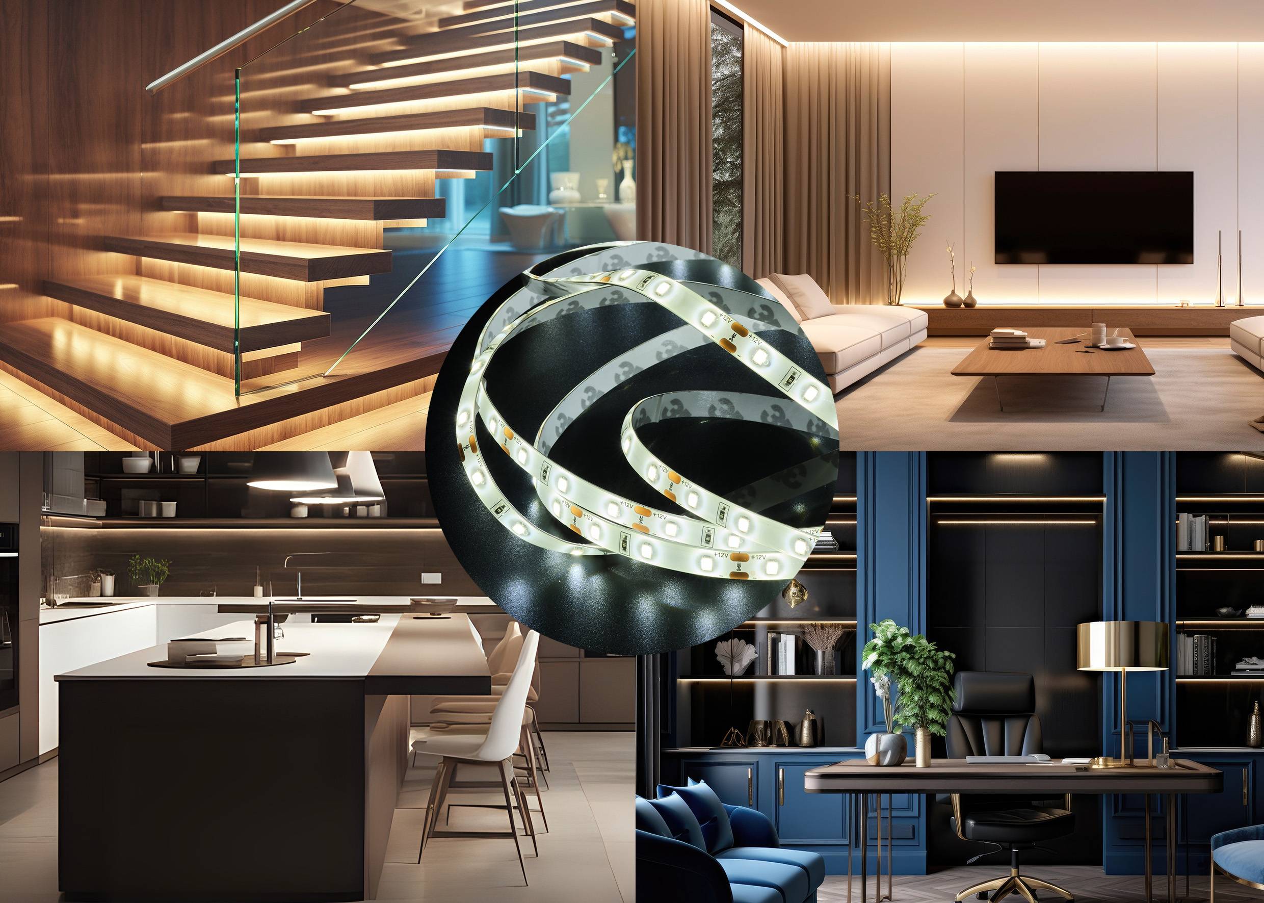 Stilvolle Innenräume mit moderner Beleuchtung: beleuchtete Treppe, elegantes Wohnzimmer mit TV, moderne Küche und schickes Büro.
