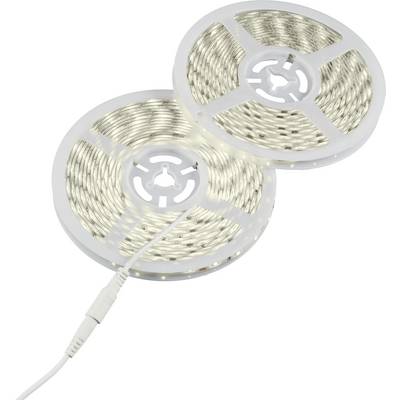 Zwei Rollen mit LED-Lichtstreifen in Weiß, verbunden mit einem Kabel, liegen auf einer ebenen Fläche. Sie sind bereit zur Installation.