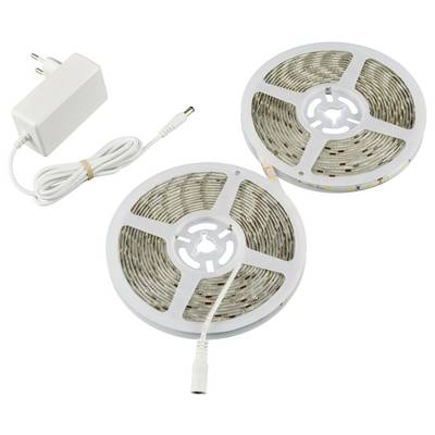 Zwei Rollen LED-Lichtstreifen mit Netzadapter. Die Streifen sind auf Kunststoffspulen gewickelt und eignen sich zur Beleuchtung.