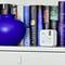 Ein CO-Melder steht auf einem Regal neben einer blauen Vase und Büchern. Auf den Buchrücken sind verschiedene Autorennamen zu lesen.