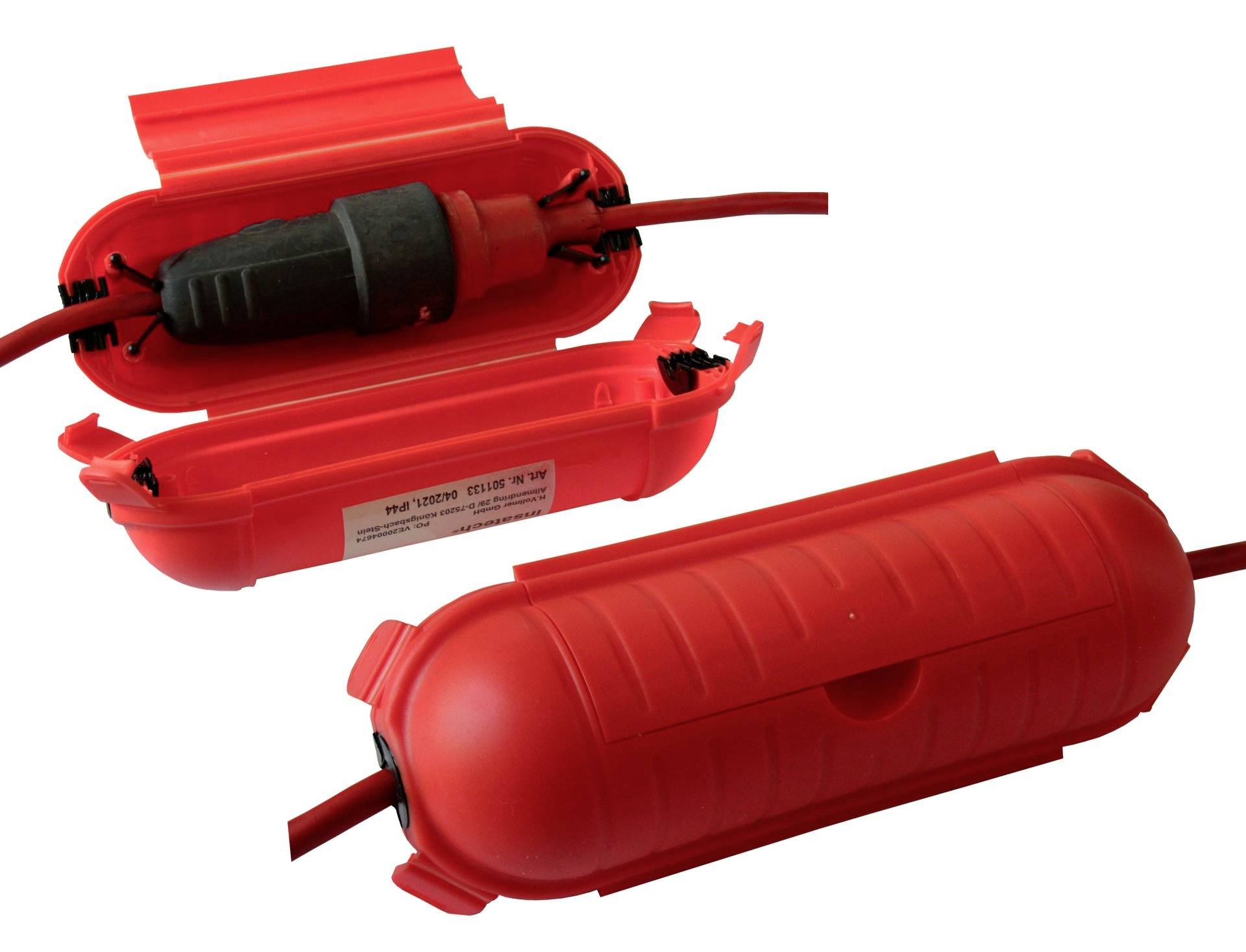 Ein rotes, ovales Schutzgehäuse mit Kabel innen, das elektrische Verbindungen vor Feuchtigkeit und Beschädigung schützt.