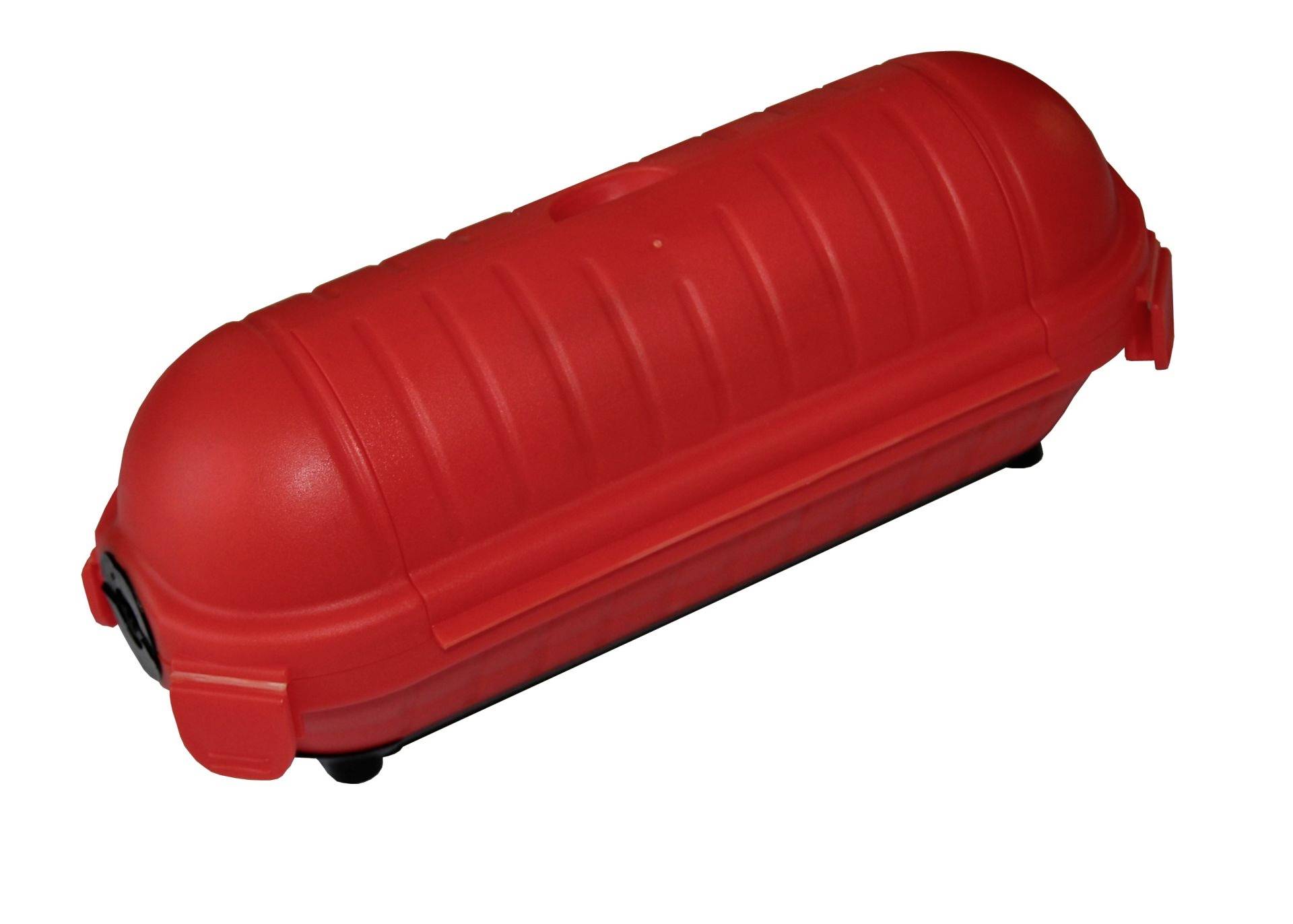 Rotes, längliches Sandwichbox-Behältnis mit deckelartiger Öffnung, geeignet für den Transport von Sandwiches.