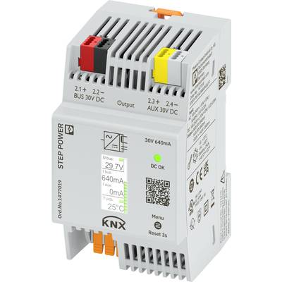 Ein graues KNX-Gerät mit mehreren Anschlüssen, leuchtenden LED-Anzeigen, einem QR-Code und technischen Spezifikationen auf der Vorderseite.