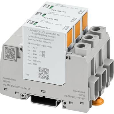 Grau-orangefarbene elektrische Schutzvorrichtung mit Anschlussklemmen, produziert von Phoenix Contact, Modell VAL-SPC mit Seriennummern.