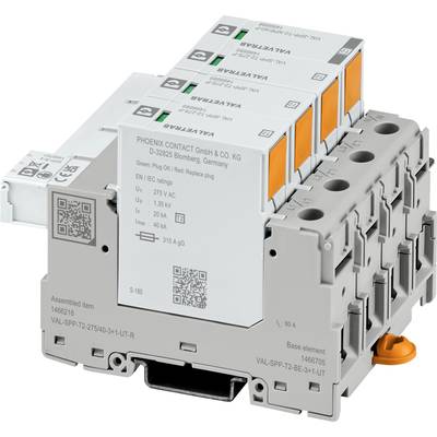 Ein Überspannungsschutzgerät für elektrische Systeme, mit mehreren Steckplätzen und QR-Codes für technische Informationen.