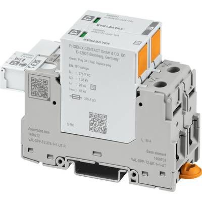 Ein Überspannungsschutzgerät von Phoenix Contact mit QR-Codes und technischen Spezifikationen auf der Vorderseite.