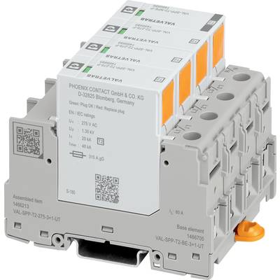 Ein grauer Überspannungsschutzbaustein von Phoenix Contact mit vier abnehmbaren Modulen, spezifischen Produktdetails und QR-Code.