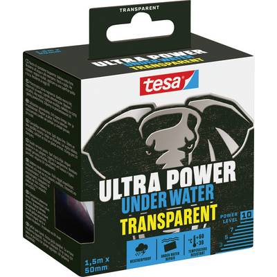 Verpackung von 'tesa Ultra Power Under Water Transparent' Klebeband, mit Symbolen für wasserdichte, unter Wasser Reparatur- und Temperaturbeständigkeitseigenschaften.