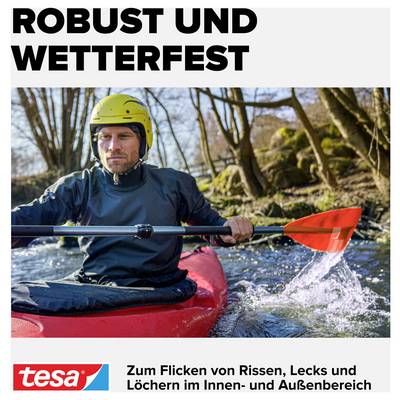 Mann paddelt im roten Kajak durch einen Fluss. Text oben: 'Robust und Wetterfest'. Unten: 'Zum Flicken von Rissen, Lecks und Löchern'.