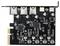 'Interne PCI-Express-Karte mit fünf USB-Anschlüssen, darunter drei USB-Ports und zwei Typ-C-Ports, auf schwarzem PCB-Material montiert.'