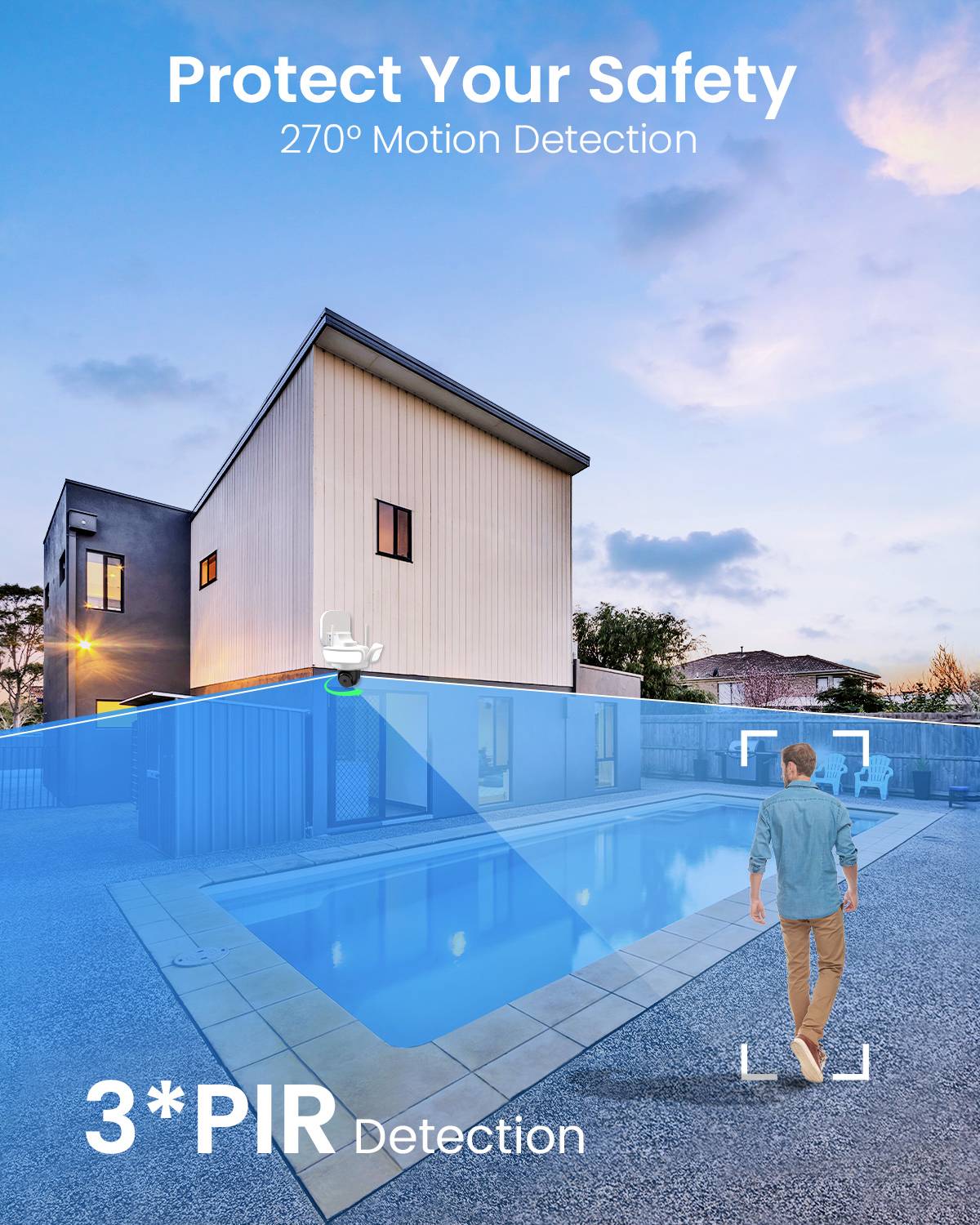 Ein Haus mit einem hellen Außenlicht, das vor unbefugtem Betreten schützt. Text beschreibt 270° Bewegungserkennung und PIR-Sensoren.