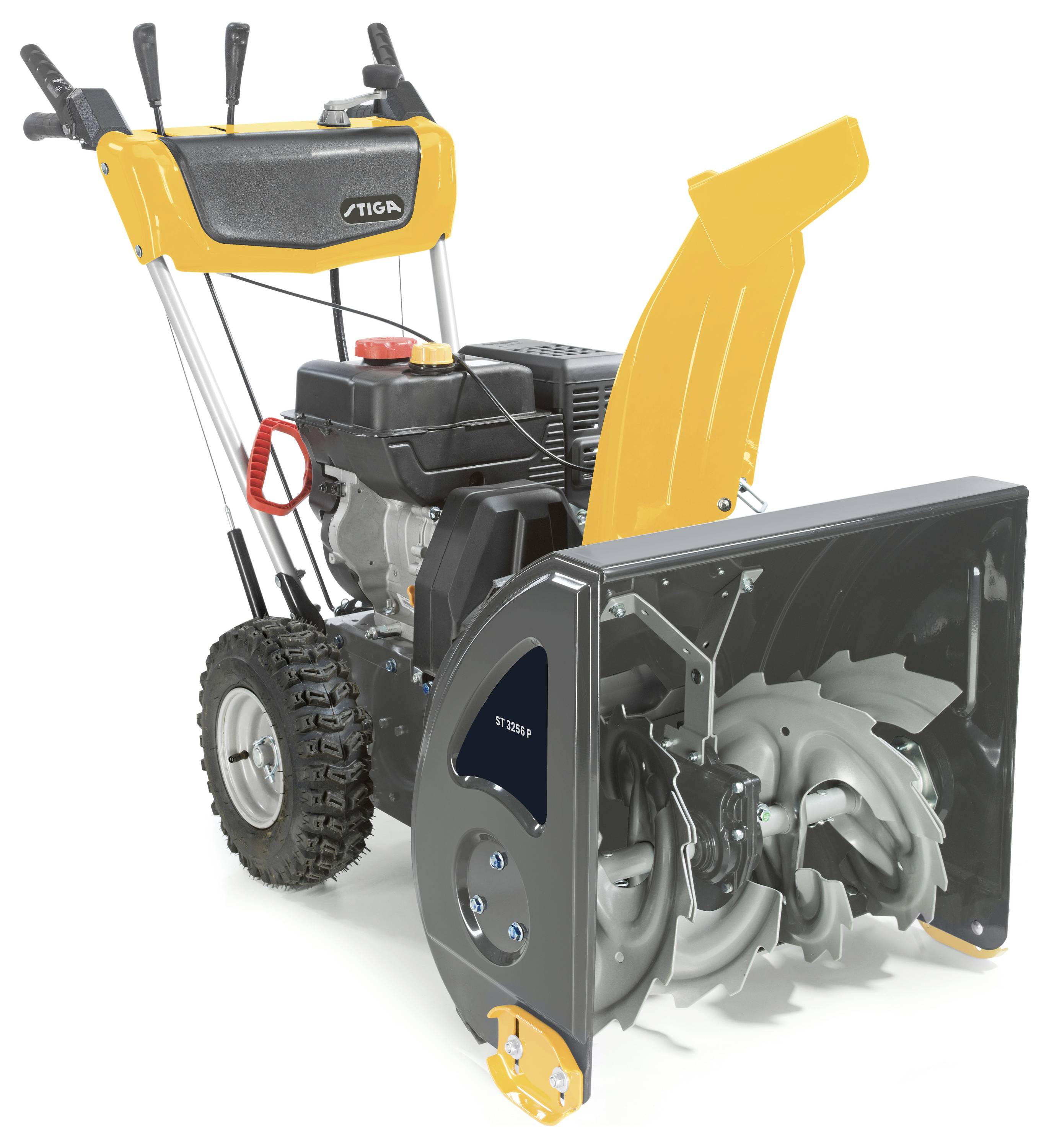 Schneefräse mit zwei großen Rädern, robustem Metallgehäuse und ergonomischen Griffen. Ideal zum Räumen von Schnee auf Gehwegen.