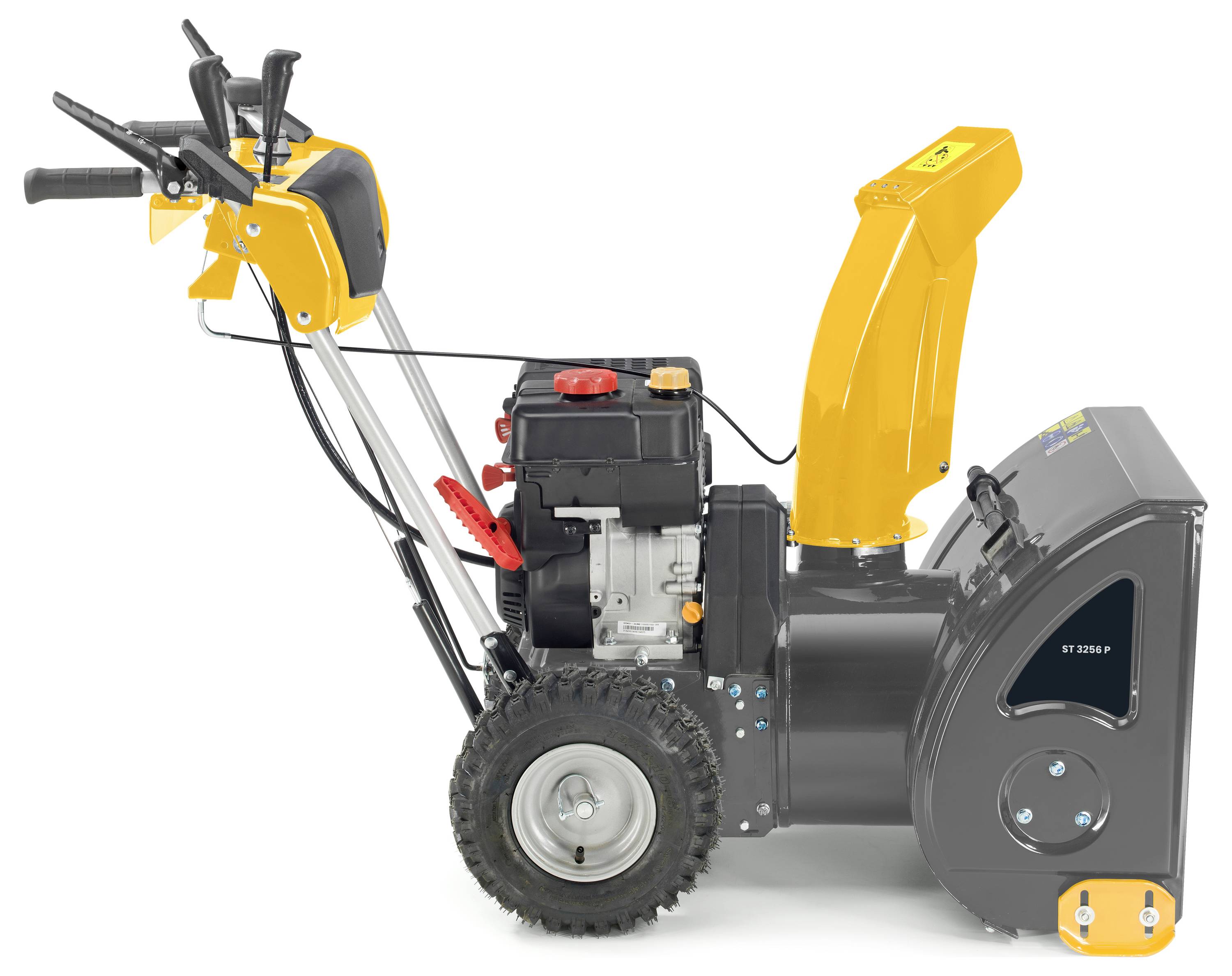 Eine gelb-schwarze Schneefräse mit großen Rädern und einem Motor. Griffstangen und Steuerhebel sind sichtbar.