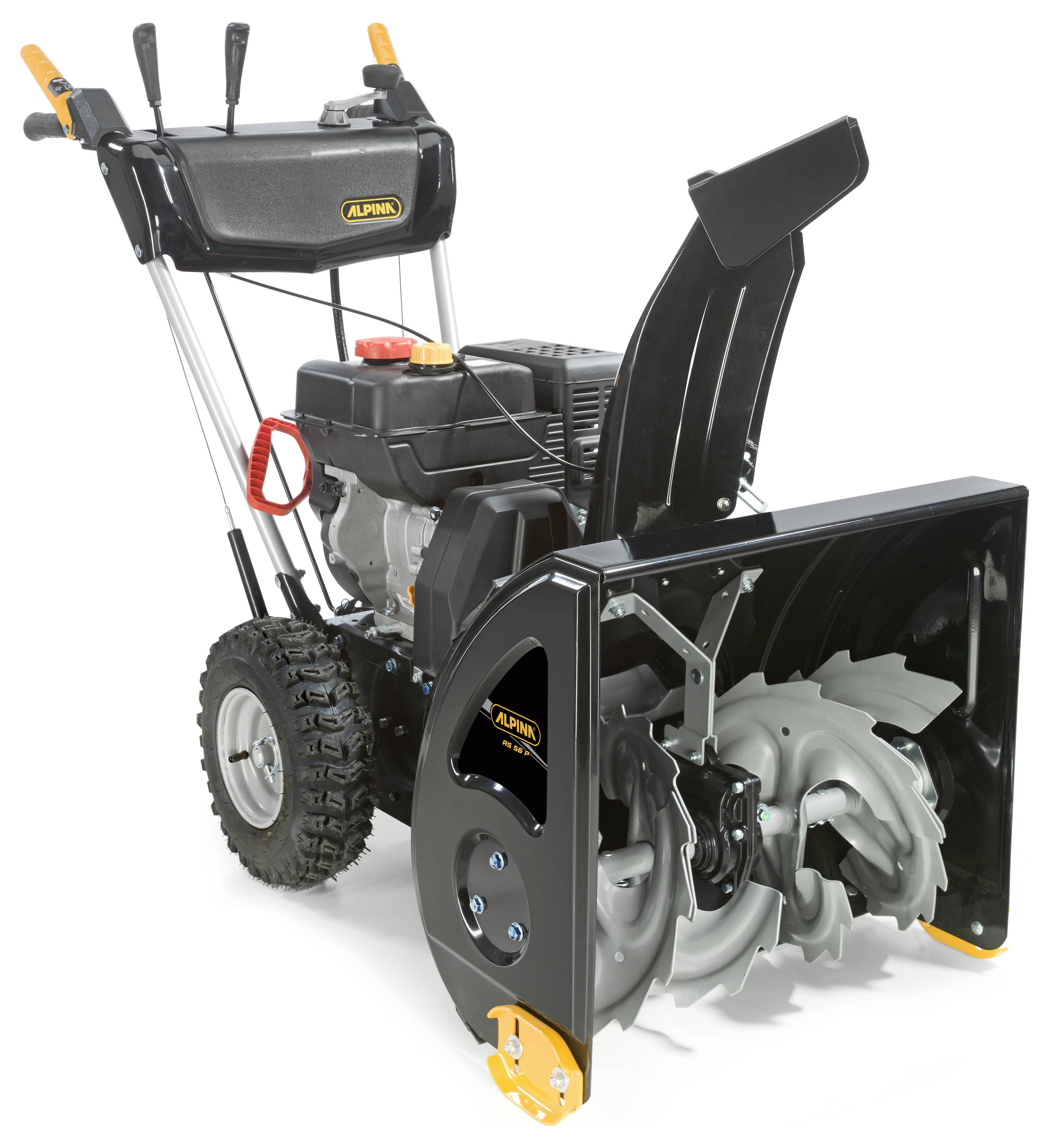 Schneefräse mit robusten Reifen und Metallgehäuse, geeignet für die Schneeräumung. Bedienelemente und Antriebsmotor sichtbar.