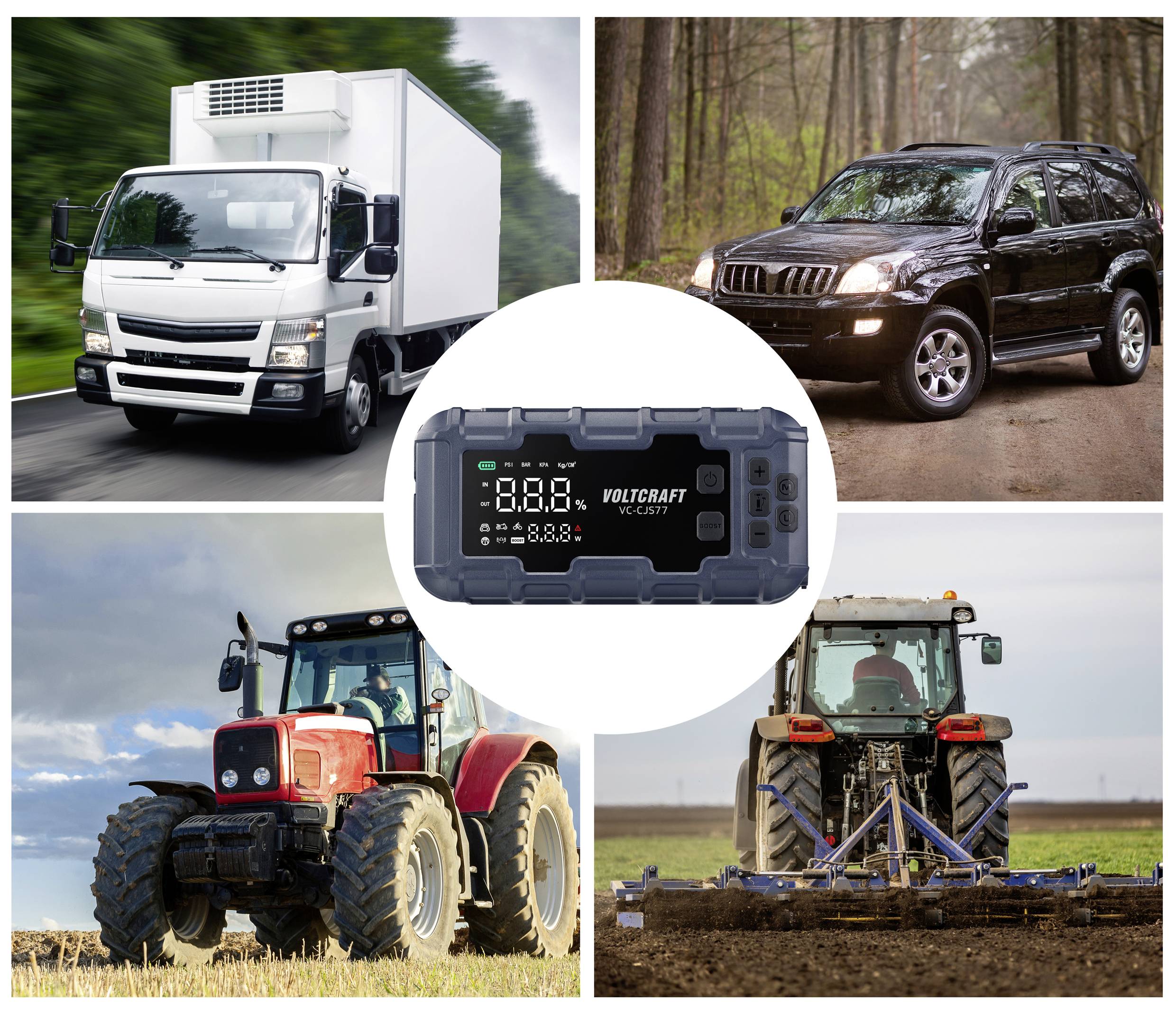 Ein weißer Lastwagen, ein schwarzer Geländewagen und zwei Traktoren sind um ein digitales Voltmeter von Voltcraft im Mittelpunkt gruppiert.