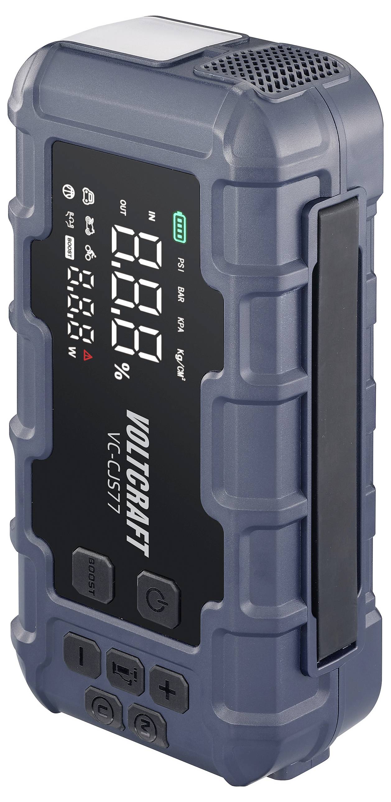 Ein tragbares Voltmessgerät mit digitalem Display, zeigt Messwerte in Volt, Ampere und Watt. Enthält Bedienelemente an der Vorderseite.