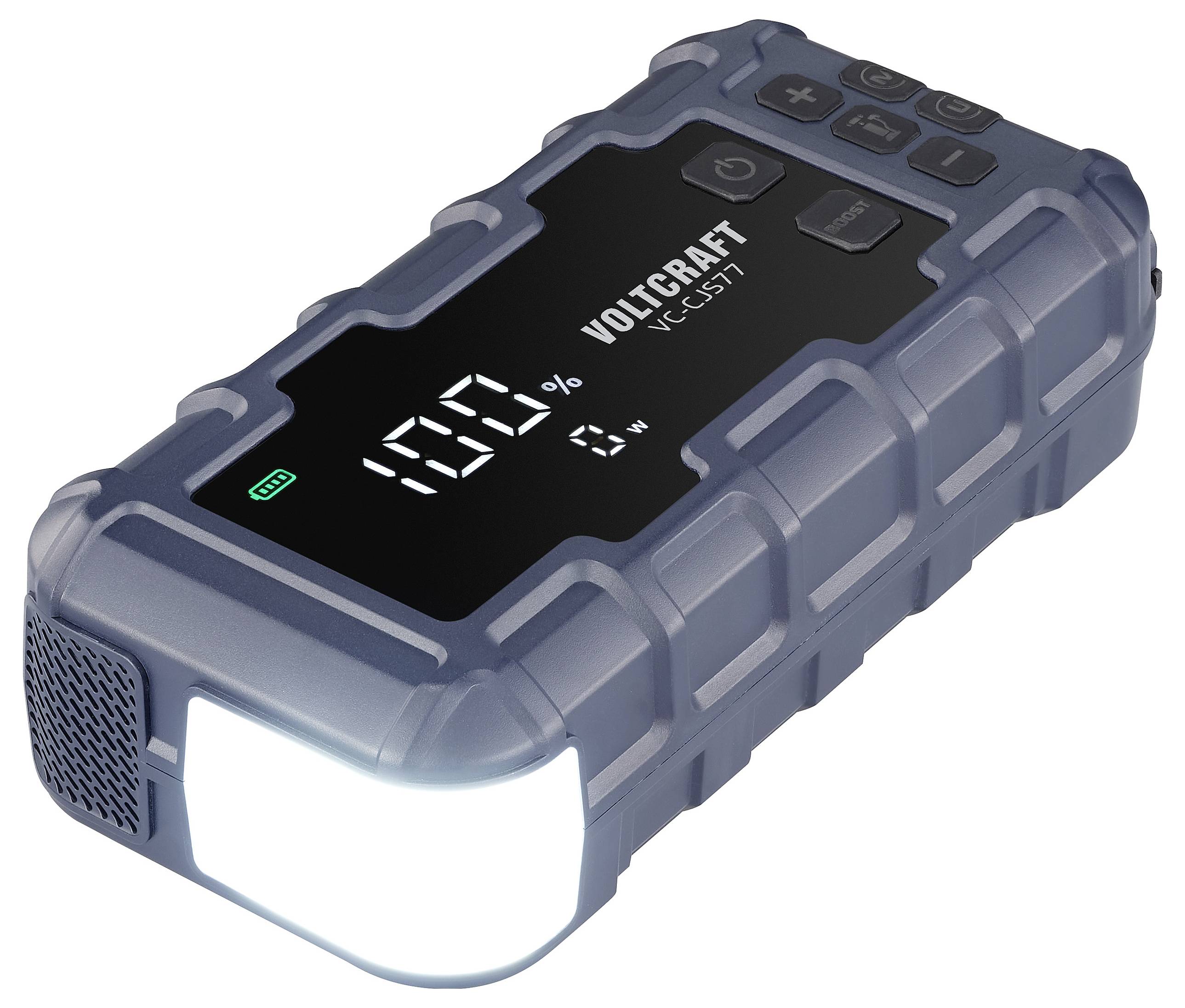 Tragbare Powerbank mit digitaler Anzeige zeigt '100 %' und '6 W'. Seitenansicht mit robustem Gehäuse und direktionalem Lichtstrahler.