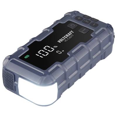 Tragbare Powerbank mit digitaler Anzeige zeigt '100 %' und '6 W'. Seitenansicht mit robustem Gehäuse und direktionalem Lichtstrahler.