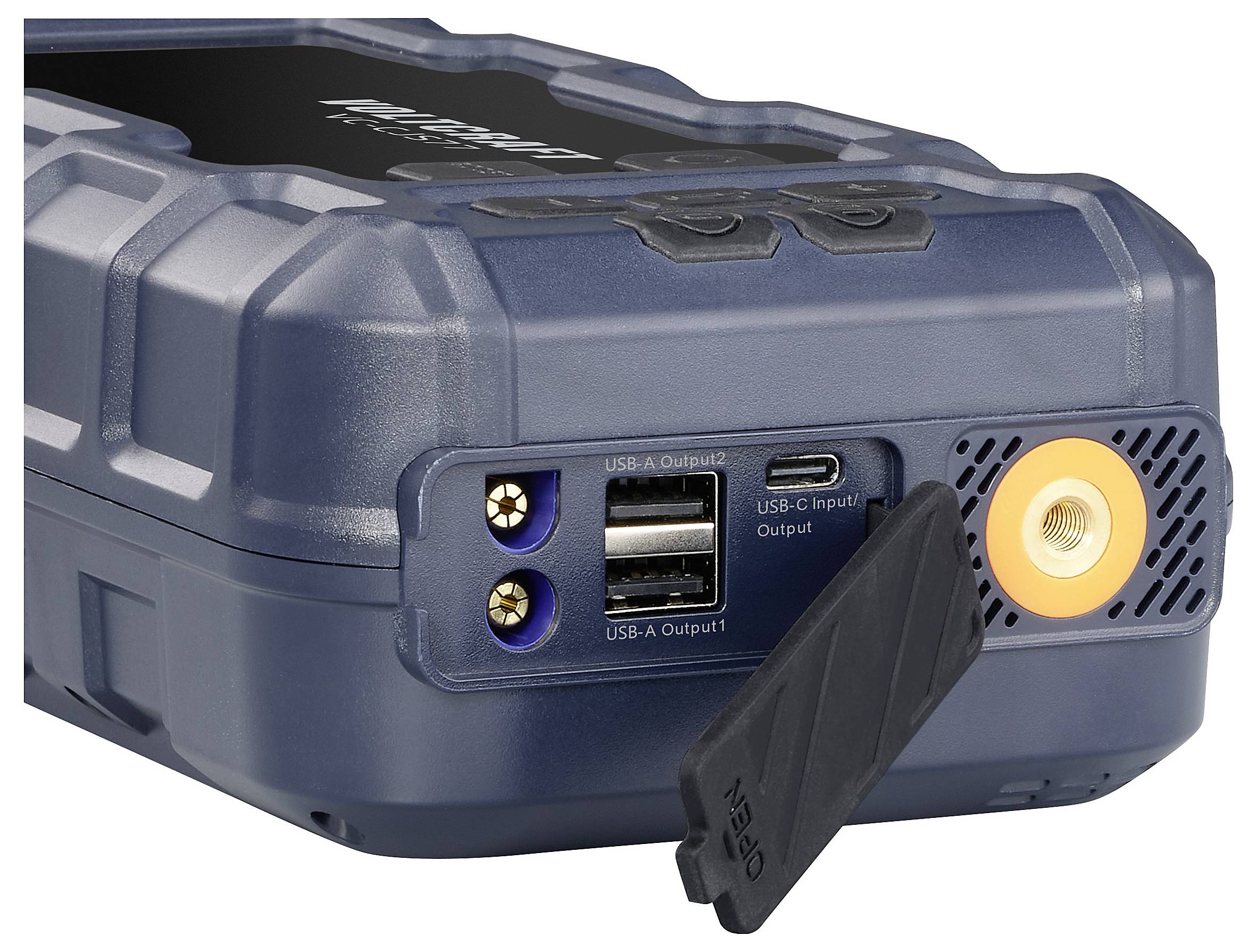 Ein tragbares Gerät mit mehreren USB-Anschlüssen und einer Luftventildüse. Ideal zur Stromversorgung und für Luftkompressor-Funktionen.