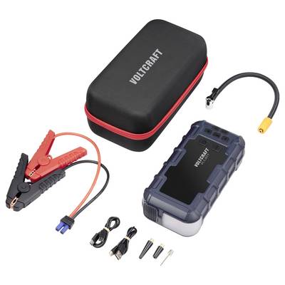 Tragbare Starthilfe und Powerbank von Voltcraft, inklusive Klemmen, Kabel, Adapter und Aufbewahrungstasche. Ideal für Fahrzeuge.