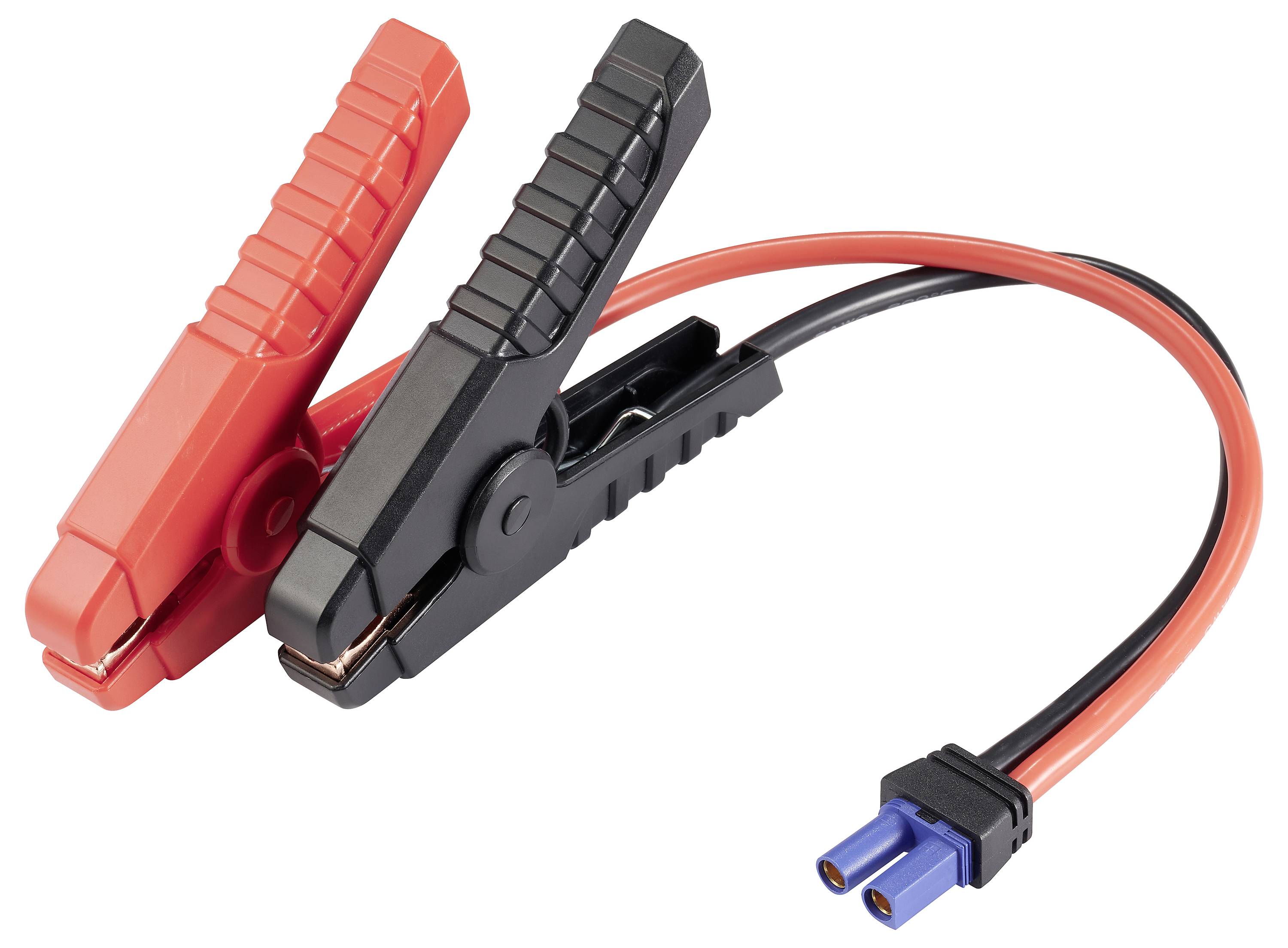 Rote und schwarze Krokodilklemmen verbunden mit einem Kabel, verwendet zum Überbrücken von Autobatterien.