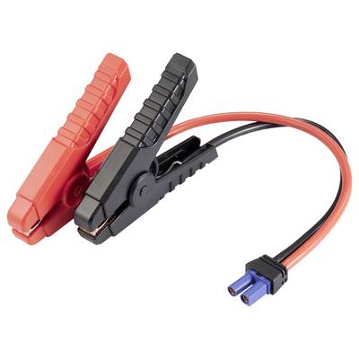 Rote und schwarze Krokodilklemmen verbunden mit einem Kabel, verwendet zum Überbrücken von Autobatterien.