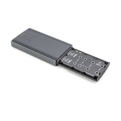 Externe SSD-Gehäuse mit ausgefahrenem Laufwerksschacht, geeignet für M.2 NVMe-SSDs, zeigt Kapazitäten und Anschlussports.