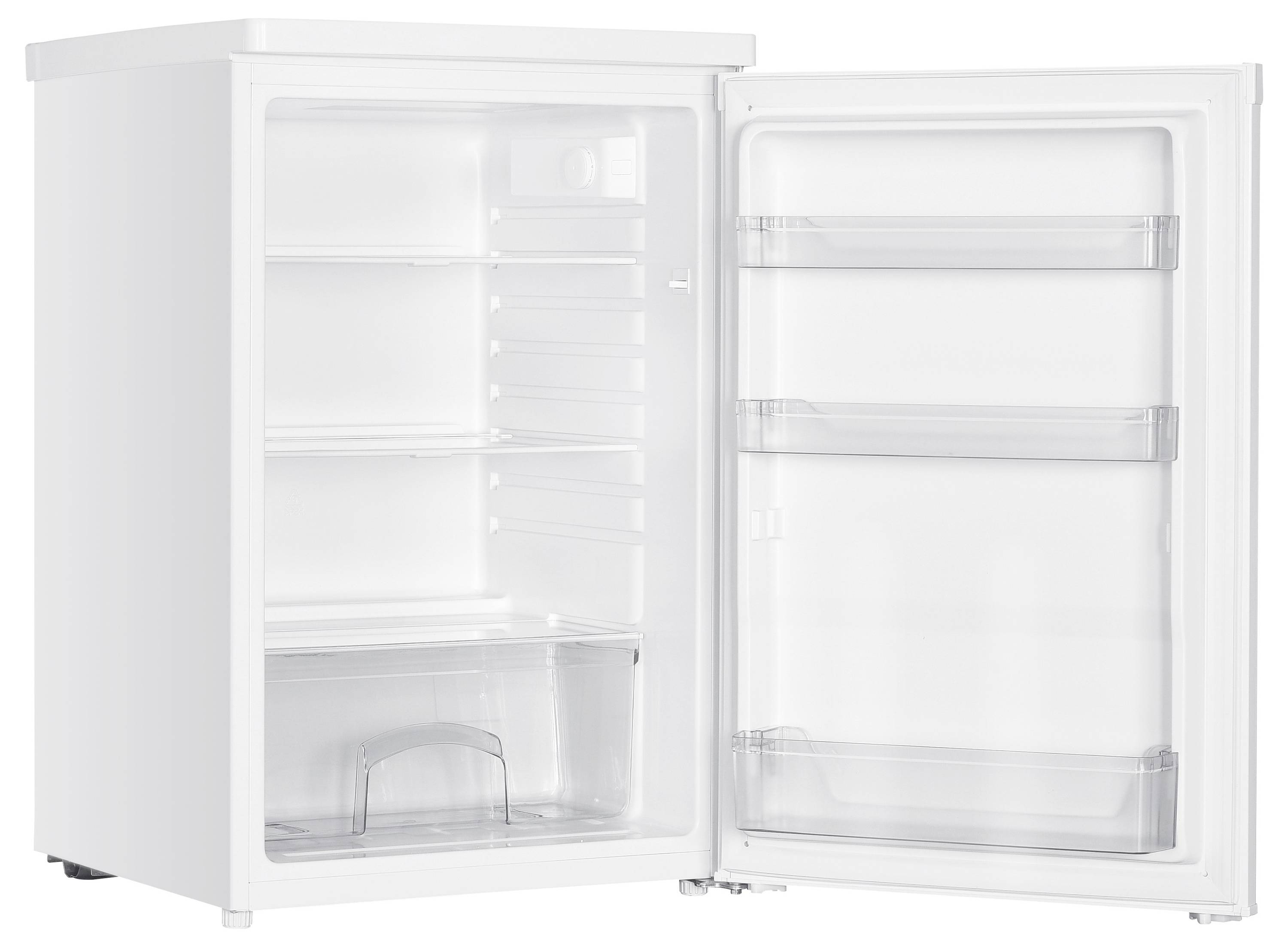 Kühlschrank mit geöffneter Tür, zeigt leere Regale und Fächer.