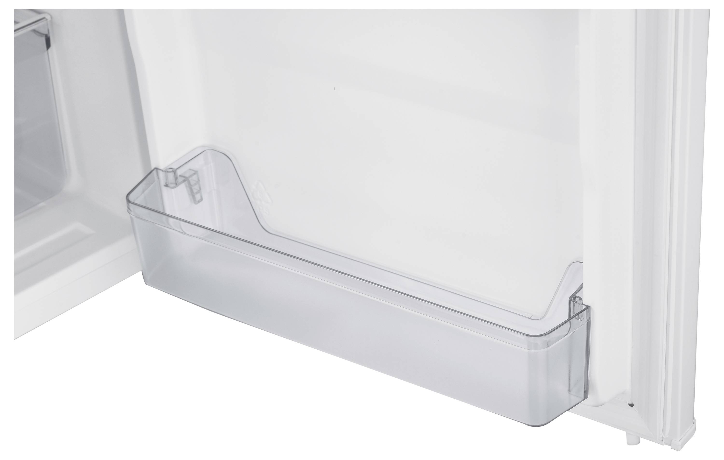 Ein leeres, transparentes Regal in der Tür eines Kühlschranks.