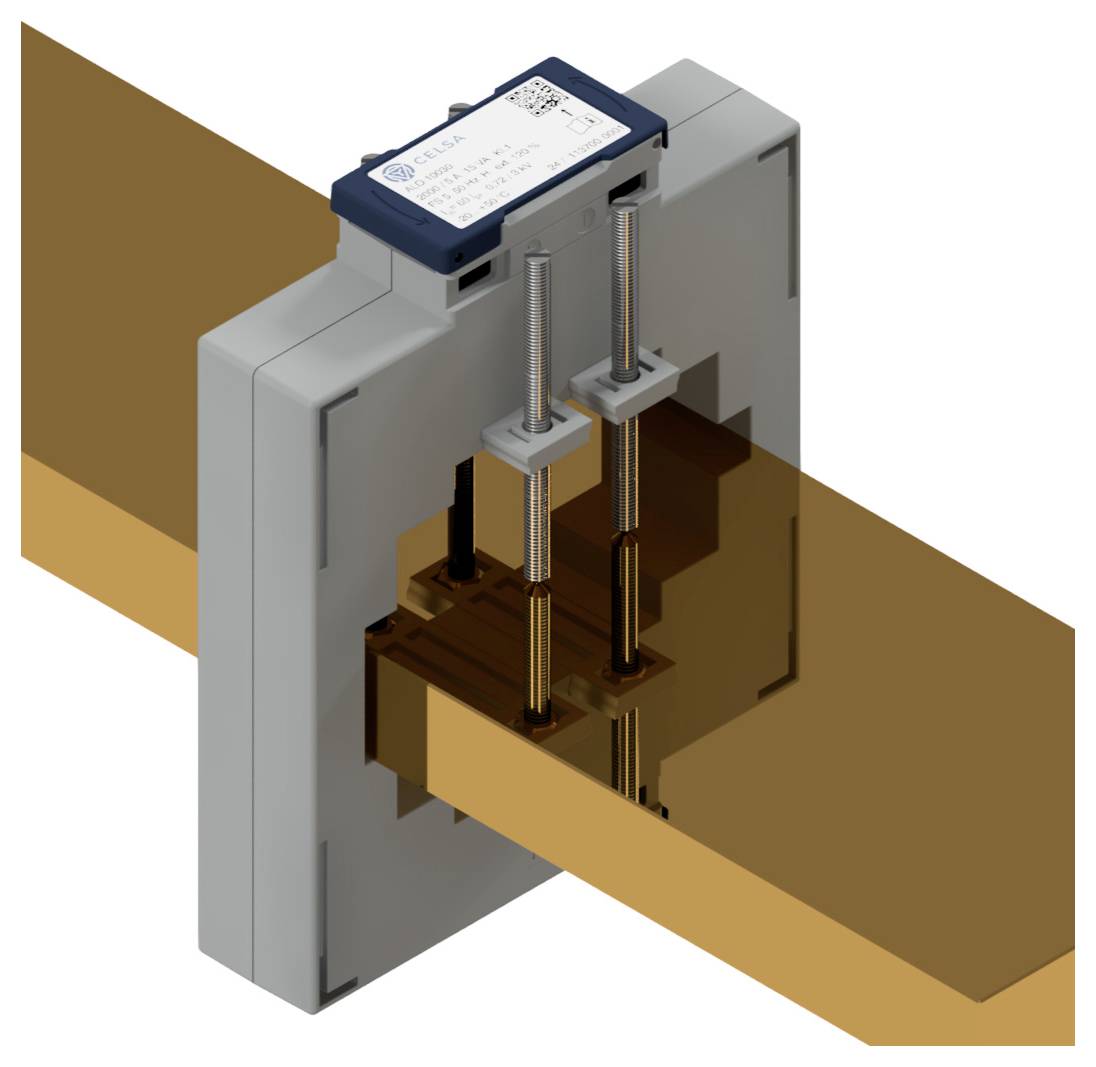 Ein elektronisches Gerät ist an einem breiten, horizontalen, rechteckigen, kupferfarbenen Balken angebracht und misst damit Ströme.