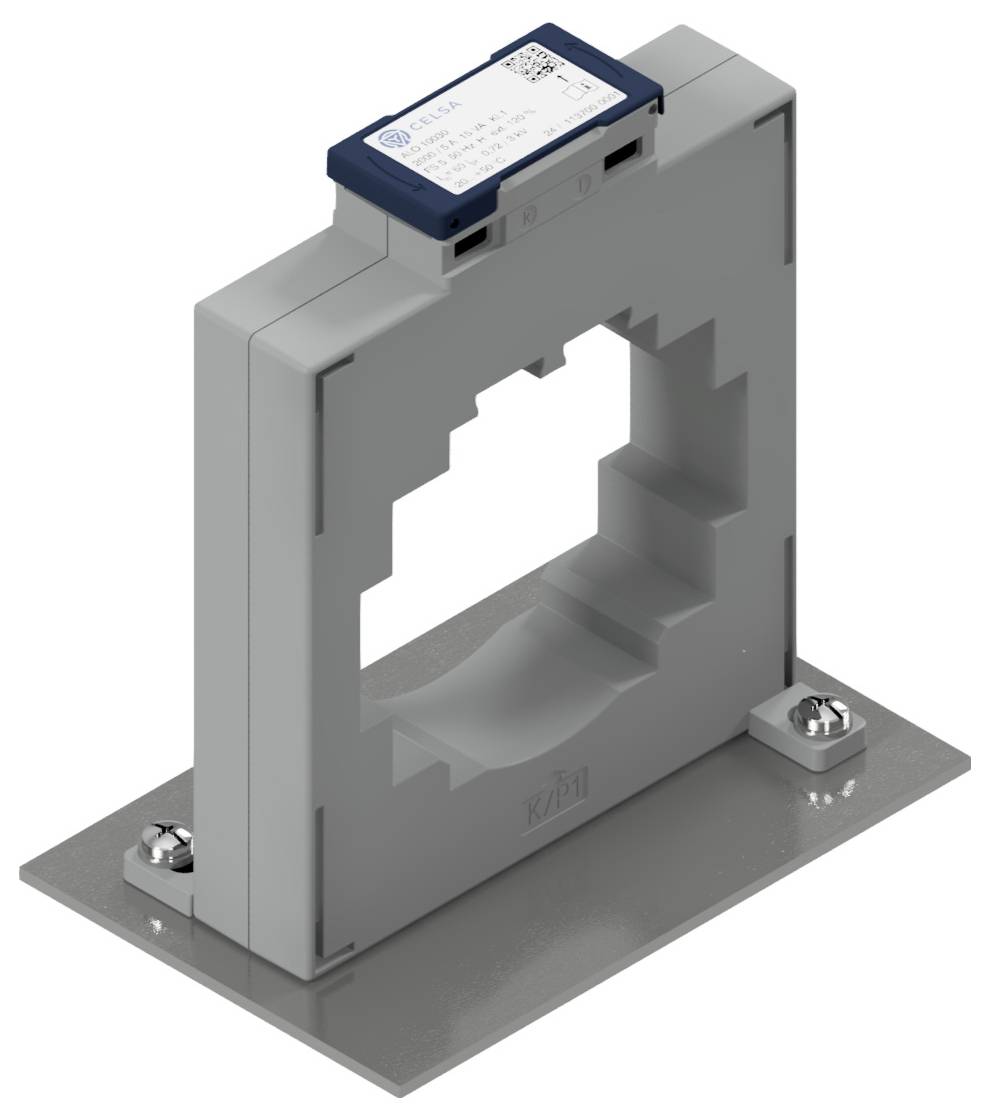 Grauer Stromsensor in rechteckiger Form auf einer Metallplatte. Oben ein blaues Modul mit elektrischen Anschlüssen.