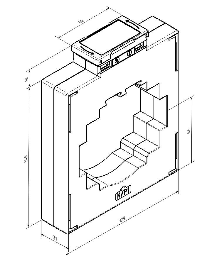Isometrische technische Zeichnung eines quadratischen Stromwandlers mit markierten Abmessungen. Zeigt das Firmenlogo 'KPT'.