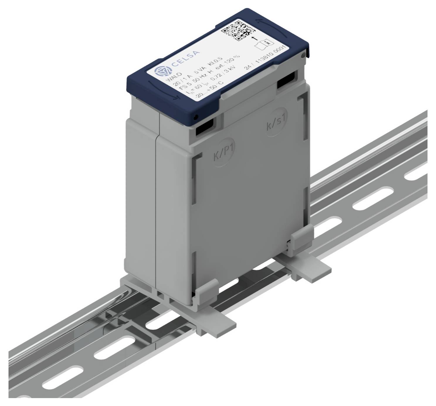 Ein graues, rechteckiges elektrisches Gerät mit blauer Abdeckung, montiert auf einer Metallschiene, möglicherweise ein Sensor oder Schalter.