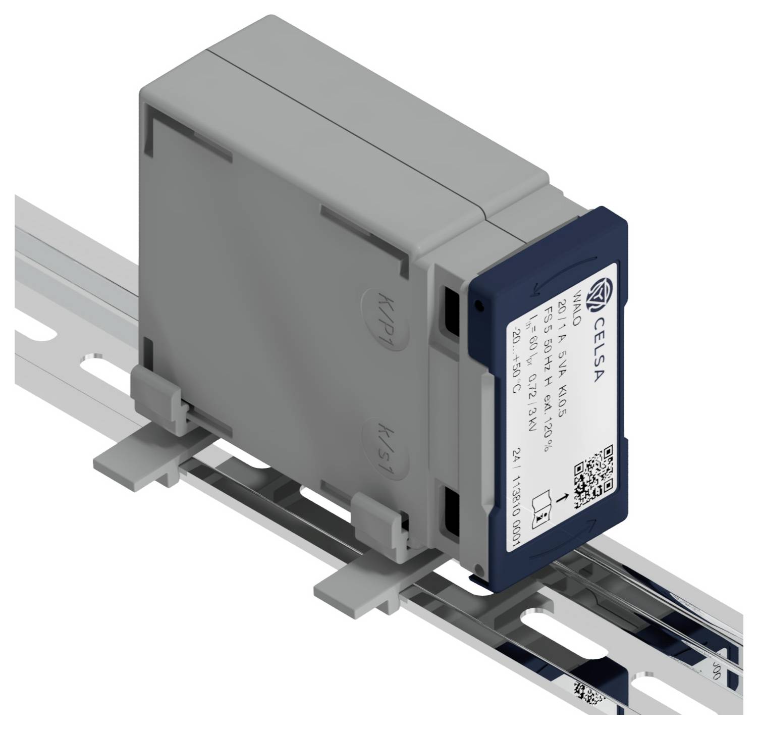 Ein graues elektrisches Gerät ist auf einer Metallschiene montiert. Es trägt ein Etikett mit technischen Spezifikationen und einem QR-Code.