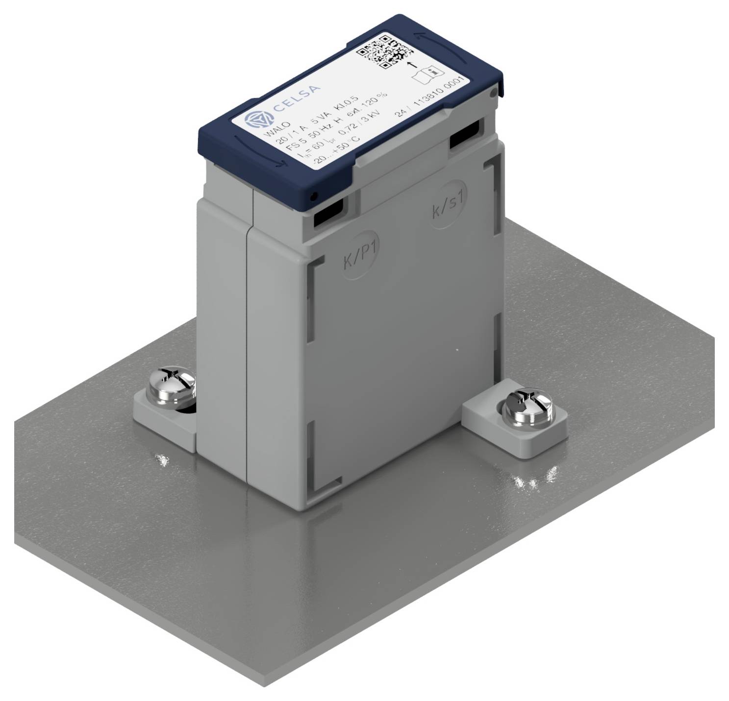 Ein grauer elektrischer Transmitter von CELSA mit blauer Oberseite, montiert auf einer grauen Metallplatte.
