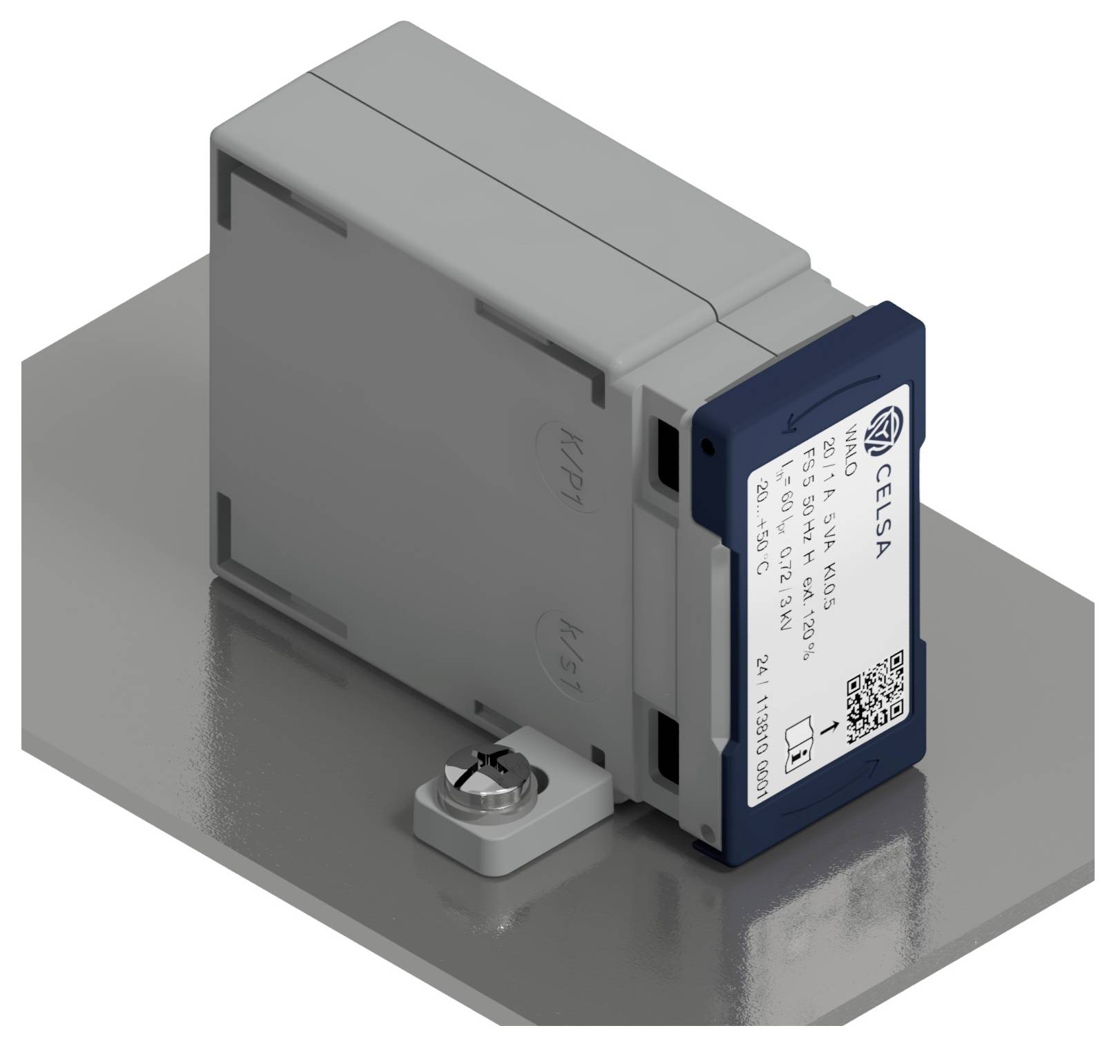 Ein Sensor von Celsa mit einer Typenbezeichnung, montiert auf einer Metallplatte mit Schraube. Der Sensor hat ein graues Gehäuse.