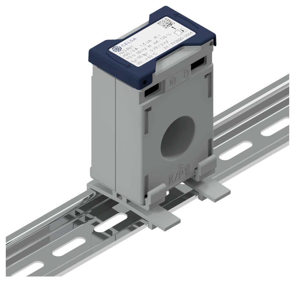 'Einzelner grauer elektrischer Stromsensor auf einer silbernen Schiene montiert, mit blauer Abdeckung oben und Aufkleber mit technischen Daten.'