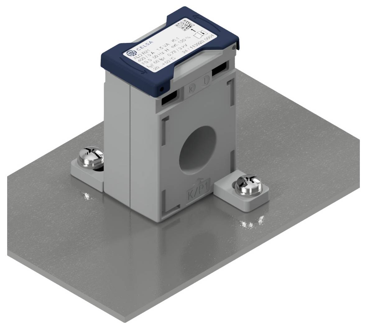 Ein rechteckiger elektrischer Sensor mit blauer Oberseite ist auf einer grauen Metallplatte montiert.