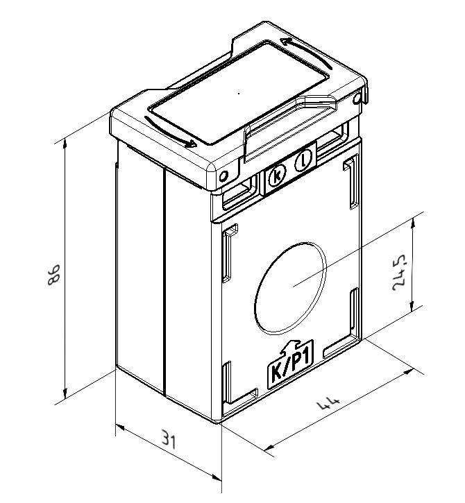 Technische Zeichnung eines rechteckigen Gerätes mit Maßen: Höhe 86, Breite 44, Tiefe 31. Knöpfe 'K' und 'I', markiert mit 'K/P1'.