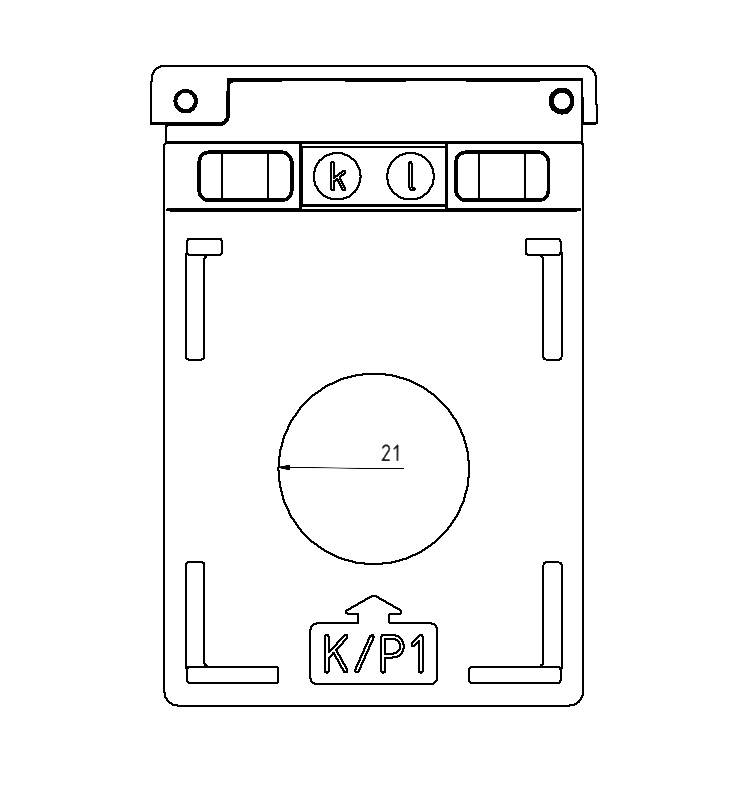 Zeichnung einer rechteckigen elektrischen Schaltung mit Tasten 'k' und 'l' oben. Kreis mit der Zahl '21' in der Mitte. Tastenaufschrift 'K/P1'.