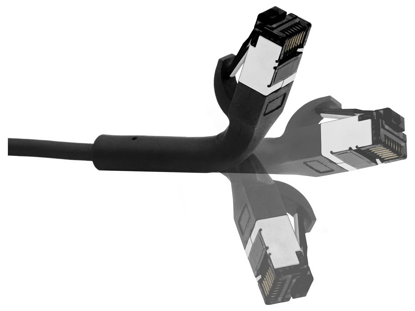 Mehrere schwarze Ethernet-Kabel mit RJ-45-Steckern, die sich von einem Kabel abzweigen und in verschiedene Richtungen zeigen.