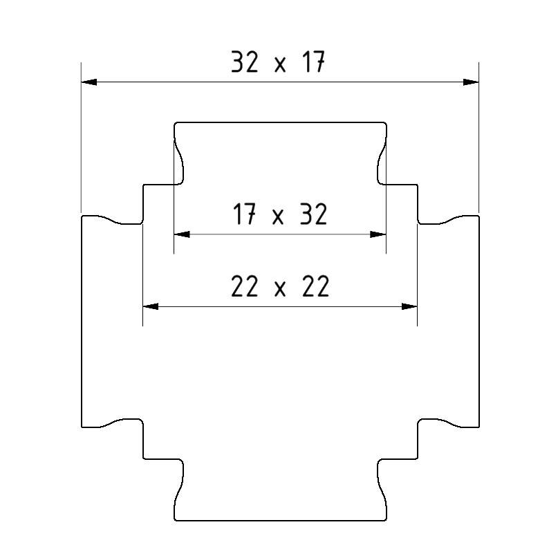 Technische Zeichnung eines Querschnitts mit mehreren rechteckigen Abschnitten. Maße: 32 x 17, 17 x 32, 22 x 22.