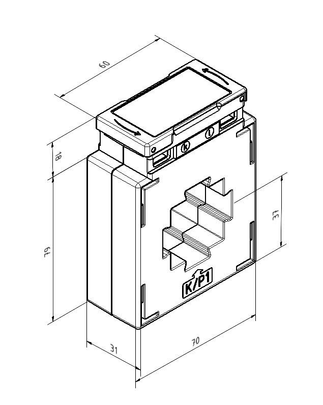 Isometrische Zeichnung eines rechteckigen elektrischen Geräts mit Maßen (79x70x31 mm), Schraubverschluss oben, Symbol 'K/P1'.