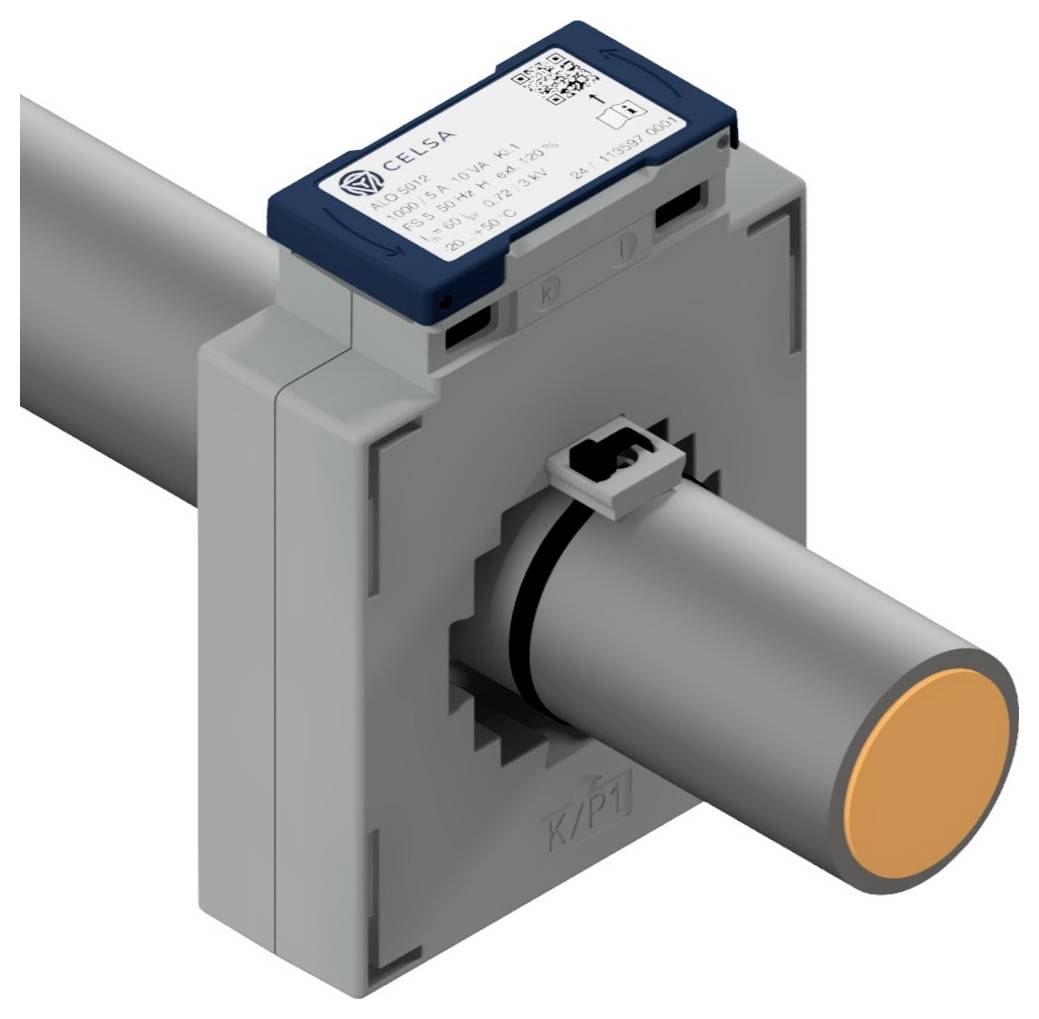 'Elektronisches Messgerät an einer Metallstange befestigt; zeigt relevante Anschlüsse und ein Display mit einer QR-Code-Einheit an.'